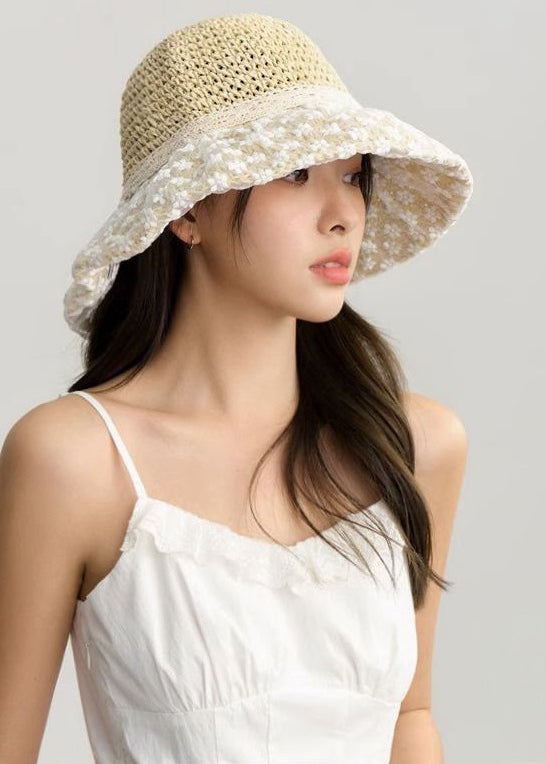 Elegant  Beige Hollow Out Lace Patchwork Straw Woven Bucket Hat