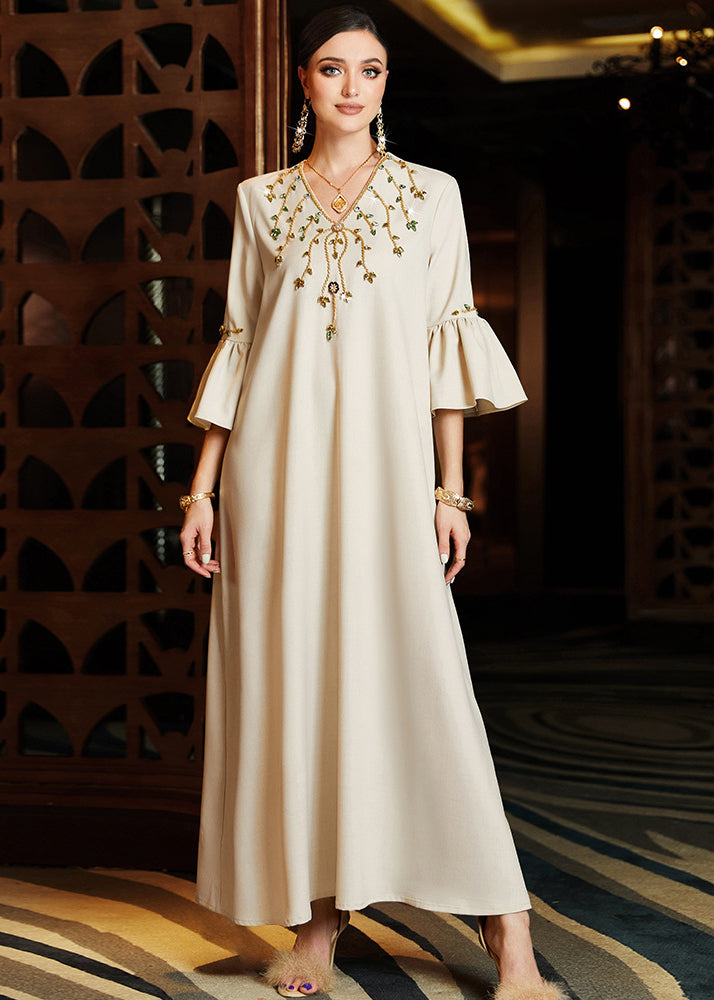 Elegant Apricot Embroidered Chiffon Long Dress Flare Sleeve