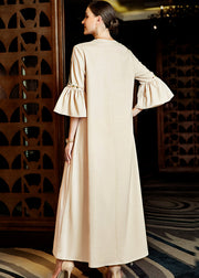 Elegant Apricot Embroidered Chiffon Long Dress Flare Sleeve