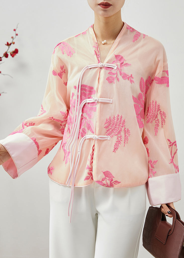 Elegant Apricot Embroidered Tasseled Silk Shirts Fall