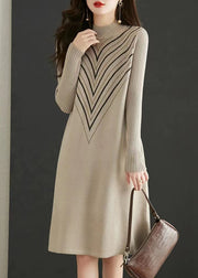 Elegant Apricot O Neck Print Zircon Patchwork Knit Dress Fall