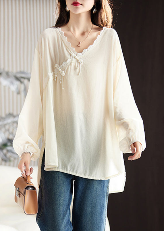 Elegant Apricot Ruffled Patchwork Low High Design Silk Velour Shirt Long Sleeve