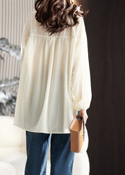 Elegant Apricot Ruffled Patchwork Low High Design Silk Velour Shirt Long Sleeve