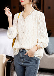 Elegant Apricot V Neck Button Patchwork Lace Top Fall