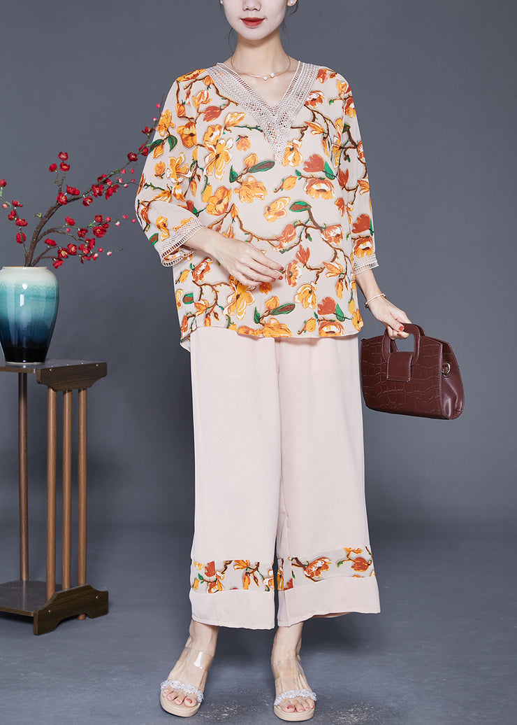 Elegant Apricot V Neck Patchwork Print Chiffon 2 Piece Outfit Summer