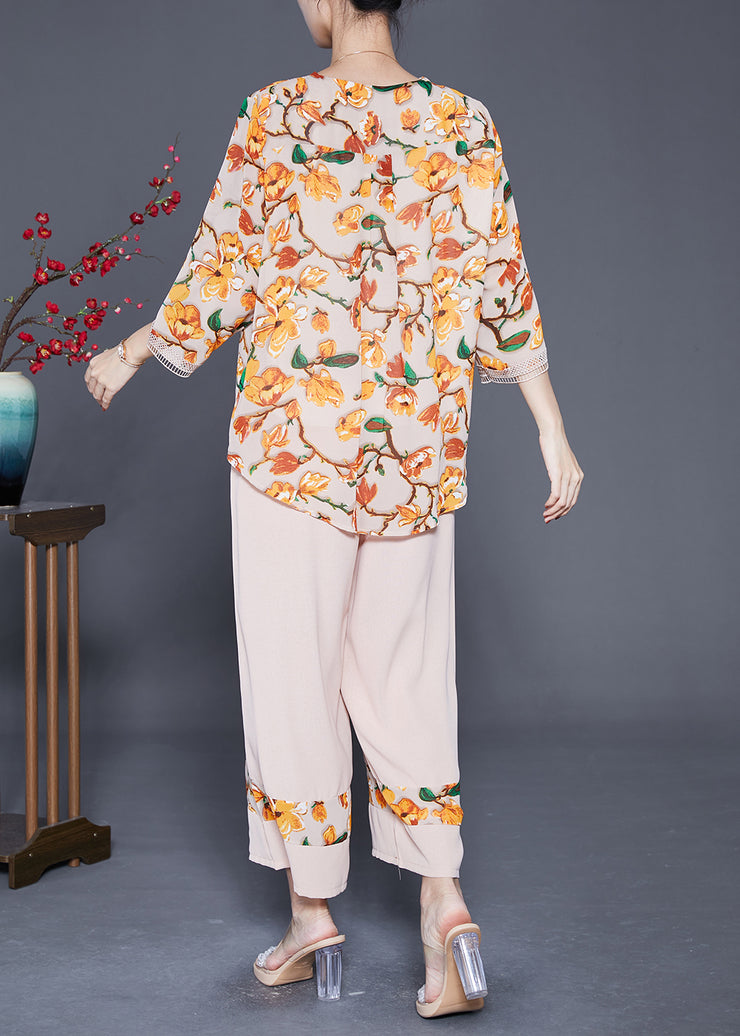 Elegant Apricot V Neck Patchwork Print Chiffon 2 Piece Outfit Summer
