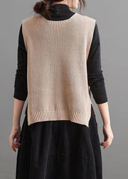 Elegant Apricot V Neck Print Low High Design Knit Waistcoat Fall