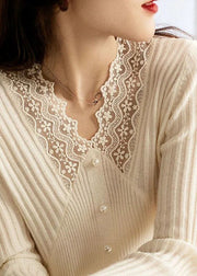 Elegant Apricot V Neck Thick Lace Patchwork Nail Bead Knit Sweater Tops Winter