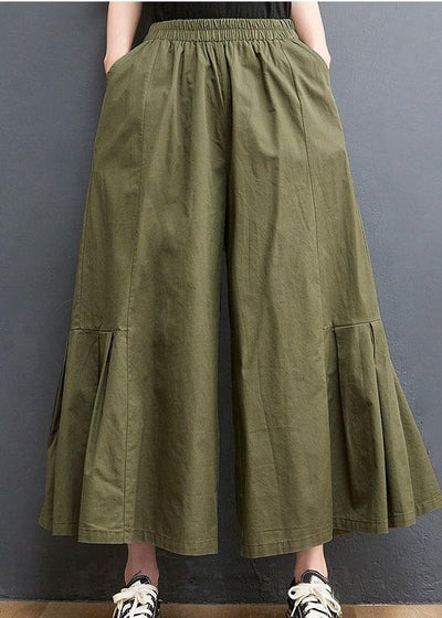Elegant Army Green Elastic Waist Wide Leg Pants Trousers Summer Cotton - SooLinen