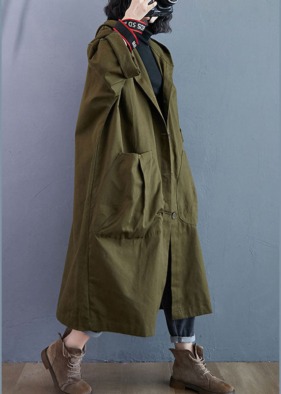 Elegante armeegrüne Taschen-Knopf-Herbst-Trenchcoats mit Kapuze und langen Ärmeln
