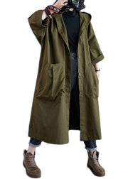 Elegant Army Green Pockets Button Fall Hooded Long sleeve Trench Coats