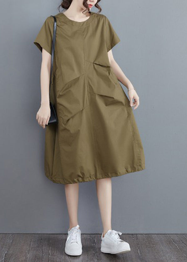 Elegant Army Green Solid Ruffles O-Neck Cotton Dress Short Sleeve