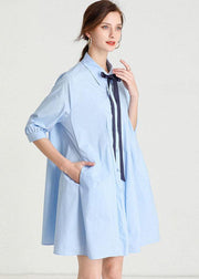 Elegant Baby blue PeterPan Collar Button Summer Cotton Dress - SooLinen