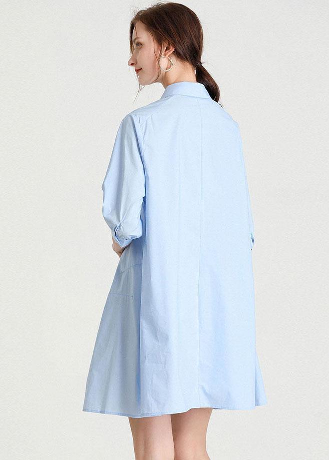 Elegant Baby blue PeterPan Collar Button Summer Cotton Dress - SooLinen