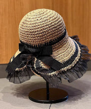 Elegant Beige Bow Patchwork Lace Straw Woven Floppy Sun Hat