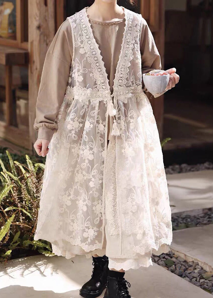 Elegant Beige Embroideried Lace Up Patchwork Lace Dress Sleeveless