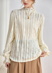 Elegant Beige Hollow Out Lace Shirt Tops Fall