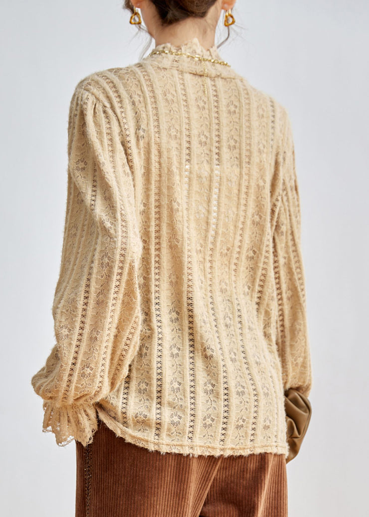 Elegant Beige Hollow Out Lace Shirt Tops Fall