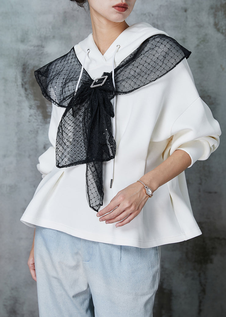 Elegant Beige Hooded Bow Wrinkled Cotton Sweatshirt Spring
