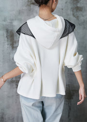 Elegant Beige Hooded Bow Wrinkled Cotton Sweatshirt Spring