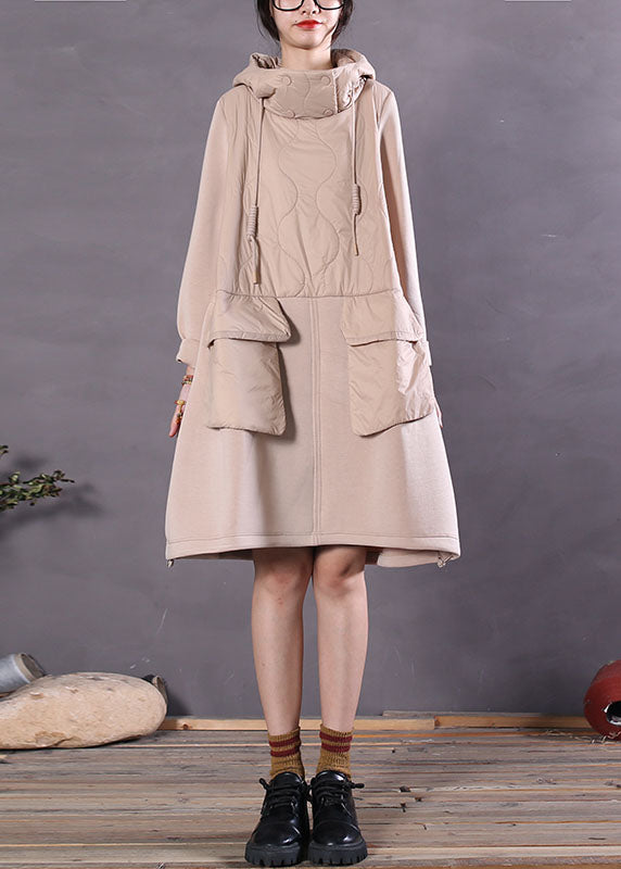 Elegant Beige Hooded Patchwork Fine Cotton Filled dress Winter