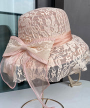 Elegant Beige Lace Patchwork Bow Hollow Out Floppy Sun Hat