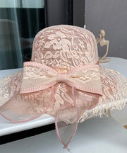 Elegant Beige Lace Patchwork Bow Hollow Out Floppy Sun Hat