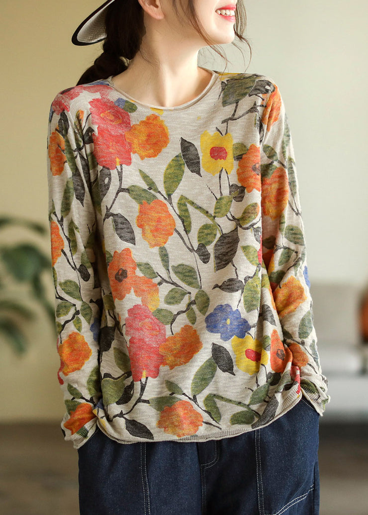 Elegant Beige O-Neck Print Cotton Knitted Top Long Sleeve