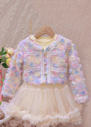 Elegant Beige Pearl Tulle Patchwork Girls Two Pieces Set Fall