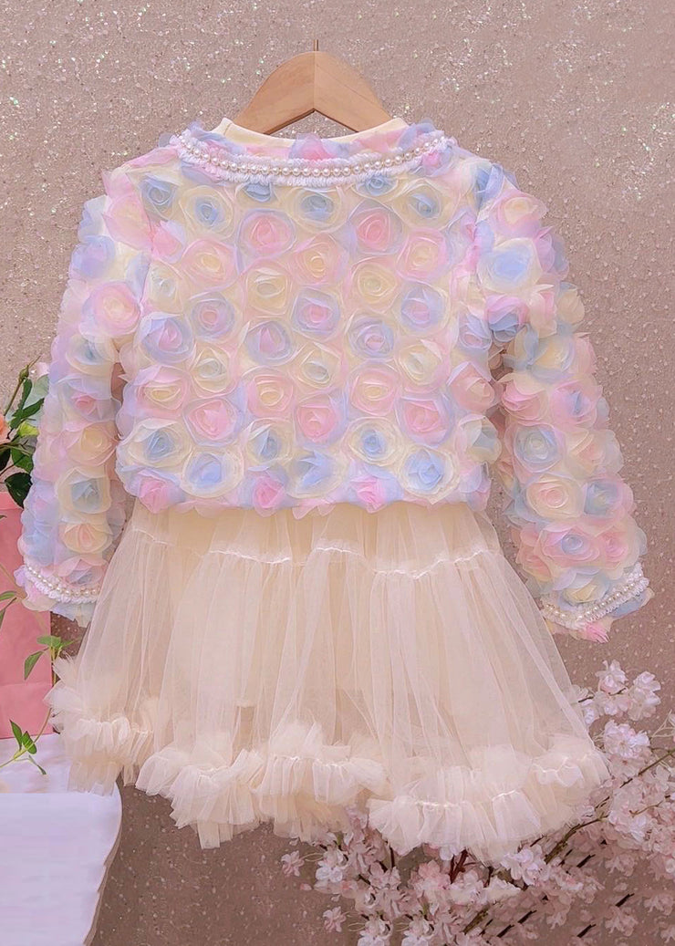 Elegant Beige Pearl Tulle Patchwork Girls Two Pieces Set Fall