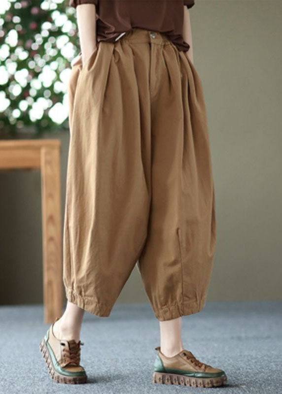 Elegant Beige Pockets Wrinkled Patchwork Linen Crop Pants Summer