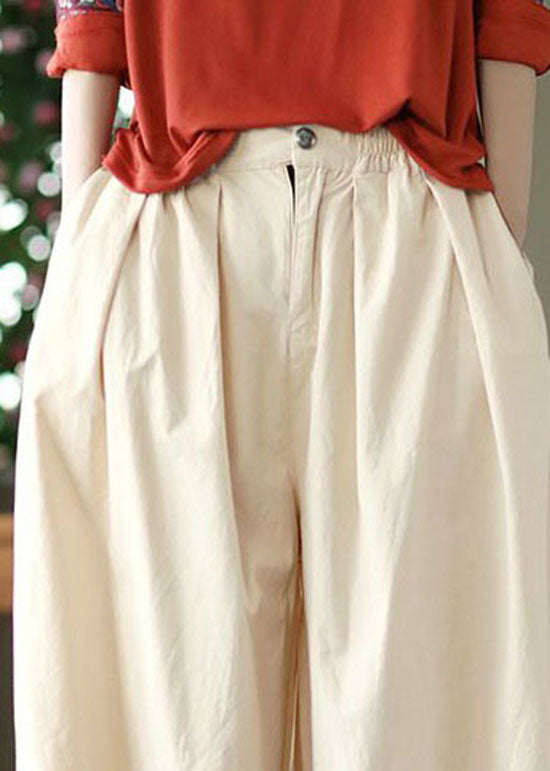 Elegant Beige Pockets Wrinkled Patchwork Linen Crop Pants Summer
