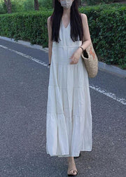 Elegant Beige V Neck Patchwork Vacation Solid Chiffon Long Dresses Summer