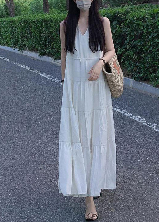 Elegant Beige V Neck Patchwork Vacation Solid Chiffon Long Dresses Summer