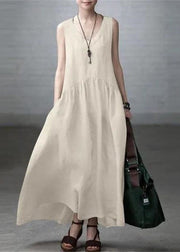 Elegant Beige V Neck Wrinkled Patchwork Cotton Mini Dress Sleeveless