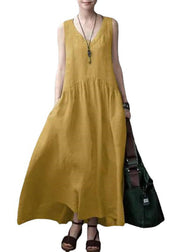 Elegant Beige V Neck Wrinkled Patchwork Cotton Mini Dress Sleeveless