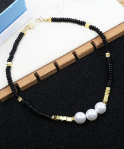 Elegant Black Alloy Pearl Beading Gratuated Bead Necklace