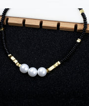 Elegant Black Alloy Pearl Beading Graduated Bead Necklace