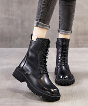 Elegant Black Boots Warm Fleece Lace Up Chunky Boots