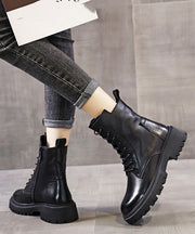 Elegant Black Boots Warm Fleece Lace Up Chunky Boots