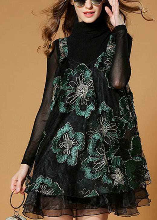 Elegantes Hemd mit schwarzem Boden + Kleid mit besticktem Druck, zweiteiliges Herbst-Set