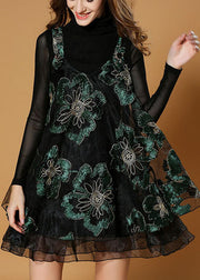 Elegant Black Bottomed shirt + Embroidered Print dress Fall Two Pieces Set