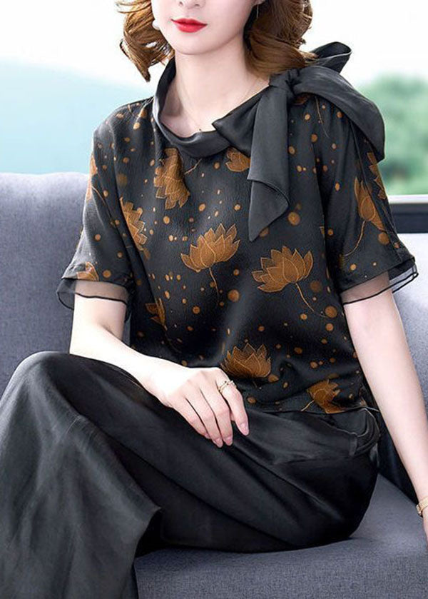 Elegant Black Bow Collar Patchwork Print Silk Shirt Short Sleeve