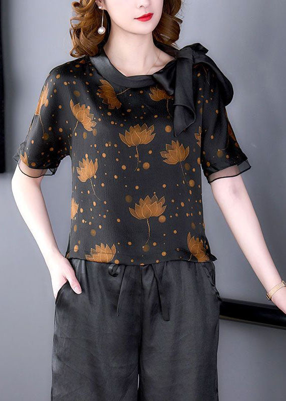 Elegant Black Bow Collar Patchwork Print Silk Shirt Short Sleeve