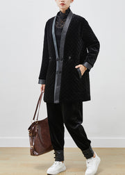 Elegant Black Chinese Button Patchwork Silk Velour Coat Winter