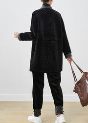 Elegant Black Chinese Button Patchwork Silk Velour Coat Winter