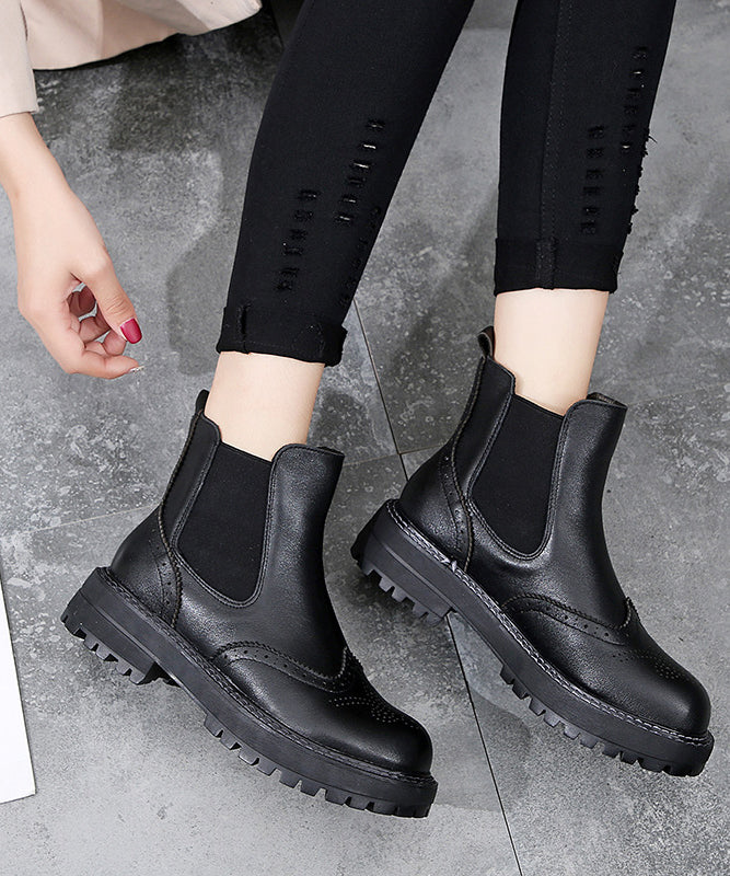 Elegant Black Chunky Cowhide Leather Elegant Hollow Out Boots