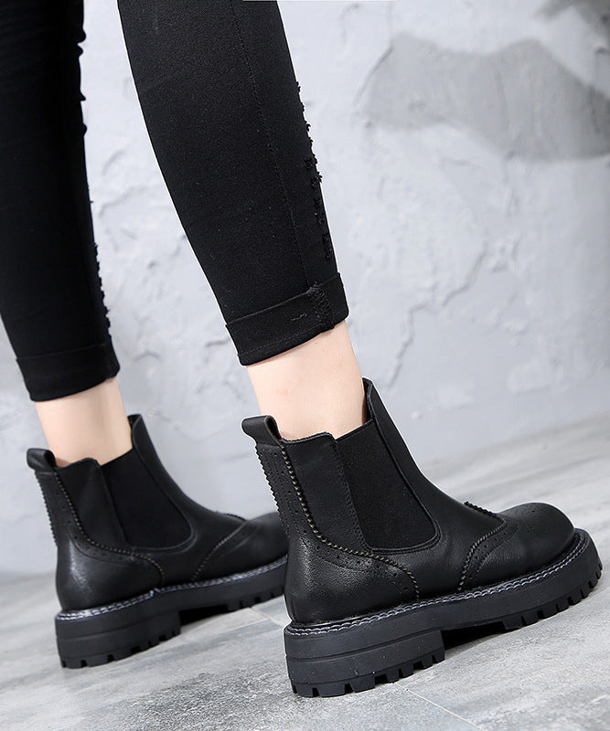 Elegant Black Chunky Cowhide Leather Elegant Hollow Out Boots