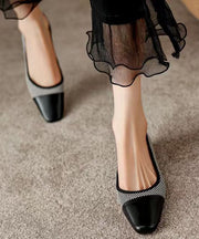 Elegant Black Chunky Heel Cowhide Leather Soft Splicing