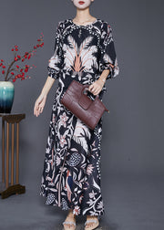 Elegant Black Cinched Print Silk Beach Long Dresses Fall